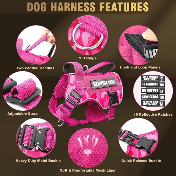 WINSEE Tactical Dog Harness for Medium Dog, Heavy Duty Service Working MOLLE Vest with 10 Pet Patches, 2X Metal Buckle Vest for Training Hunting Walking