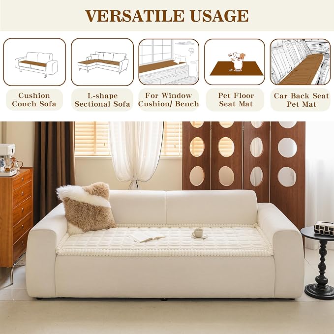 MYSKY HOME Couch Covers for 3-4 Cushion Sofa Pet Friendly, Couch Cover for Dogs, Sofa Covers for Pets Washable, Soft Non-Slip Sofa Slipcovers Furniture Protector Covers, Cream, 27.6" x 82.7"