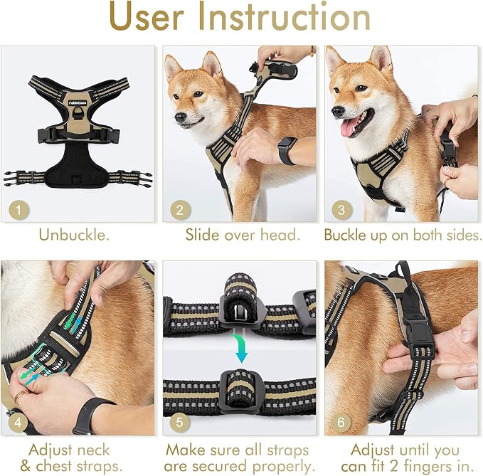 rabbitgoo Dog Harness No Pull with 2 Leash Clips, Adjustable Soft Padded, Reflective Oxford No Choke Pet Vest with Easy Control Handle for Large Dogs, Beige, L