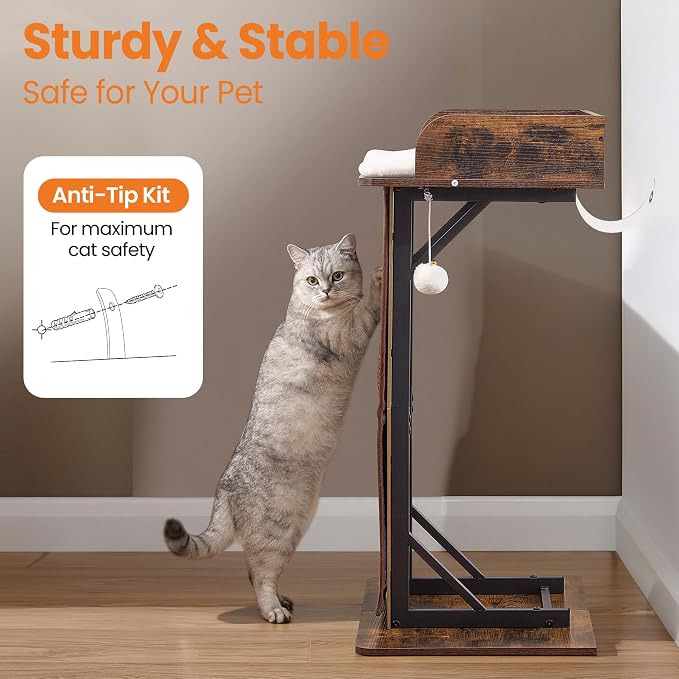 Modern Wood Cat Tree Tower for Indoor Large Cats, 33.8-Inch Tall Wooden Cat Trees with Big Perch Bed, Cat Scratching Pads, Washable Cushions and Scratching Mat, Cat Furniture, Rustic Brown