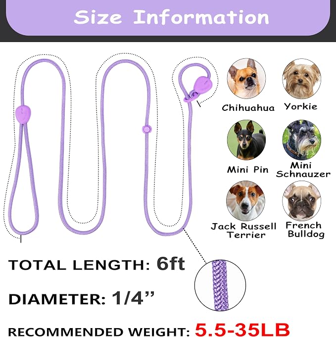 Purple 6FT No Pull Dog Training Leash - Lightweight Slip Lead for Small Medium Dogs