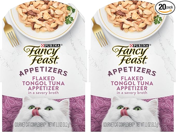 Fancy Feast Purina Appetizers Grain Free Cat Food Flaked Tongol Tuna Appetizer Lickable Cat Food Topper - 1.1 oz. Trays,(Pack of 20)