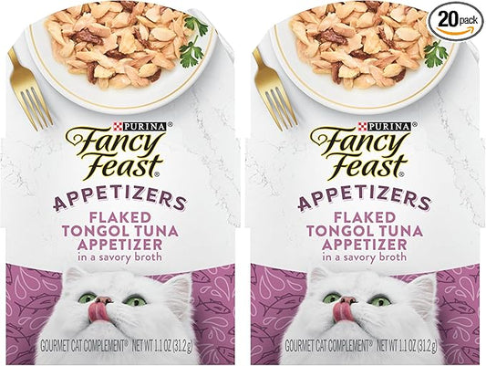 Fancy Feast Purina Appetizers Grain Free Cat Food Flaked Tongol Tuna Appetizer Lickable Cat Food Topper - 1.1 oz. Trays,(Pack of 20)