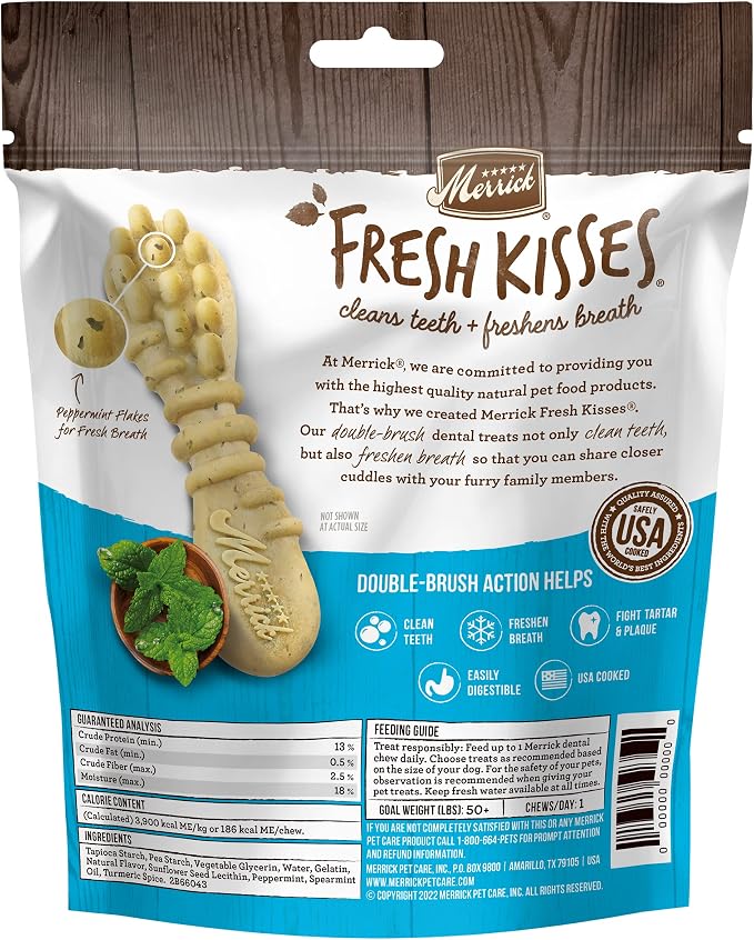 Merrick Fresh Kisses Natural Dental Chews, Toothbrush Shape Treat Infused With Real Mint, For Large Dogs - 4 ct. Bag