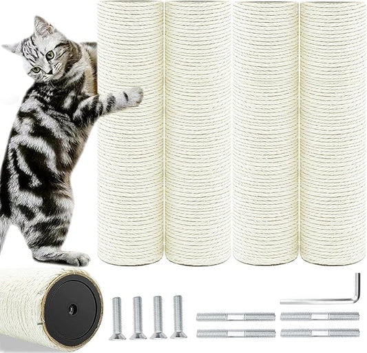 Cat Tree Replacement Post, 4 Pack 9.84in Cat Scratching Post Replacement Poles with M8 Screws, Natural Sisal Cat Tower Parts, Connectable to 19.7in/39.4in for Cat Tree Repair & Extension