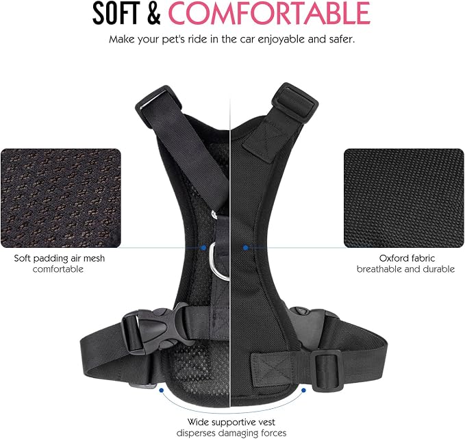 Pawaboo Adjustable Dog Seat Belt for Vehicle, Breathable Dog Safety Vest Harness with Seatbelt for Small Medium Large Dogs, L, Black + Silver