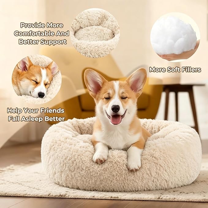 Calming Anti-Anxiety Donuts Dog And Cat Bed, Round Fluffy Soft Washable Small Medium Pet Bed For Puppy And Kitten, Cuddler Warming Comfortable Luxury Anti-Slip Waterproof Mute Base 24in Light-Brown