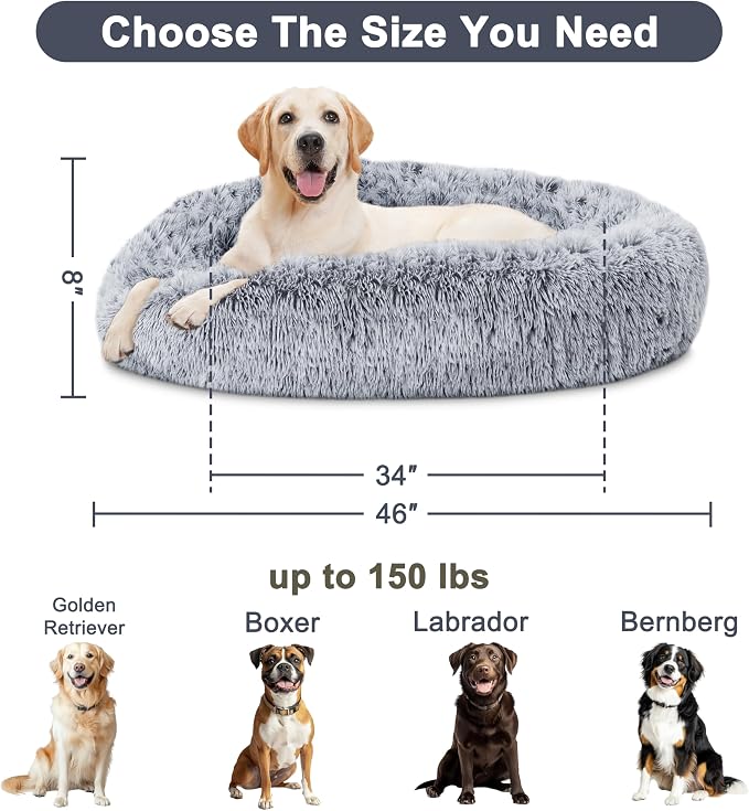 ELSKER&HOME Calming Donut Dog Bed, Washable Warming Soft Round 46 Inches for Large Dogs, Anti-Anxiety Fluffy Plush Cushion Fits up to 160 lbs Pets, Gradient Blue