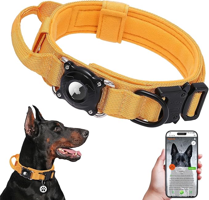 QR Code & AirTag Tactical Dog Collar - Military Grade Adjustable Reflective Collar with Control Handle, for Large Medium Dogs, Durable Nylon Metal Buckle (Yellow-L)