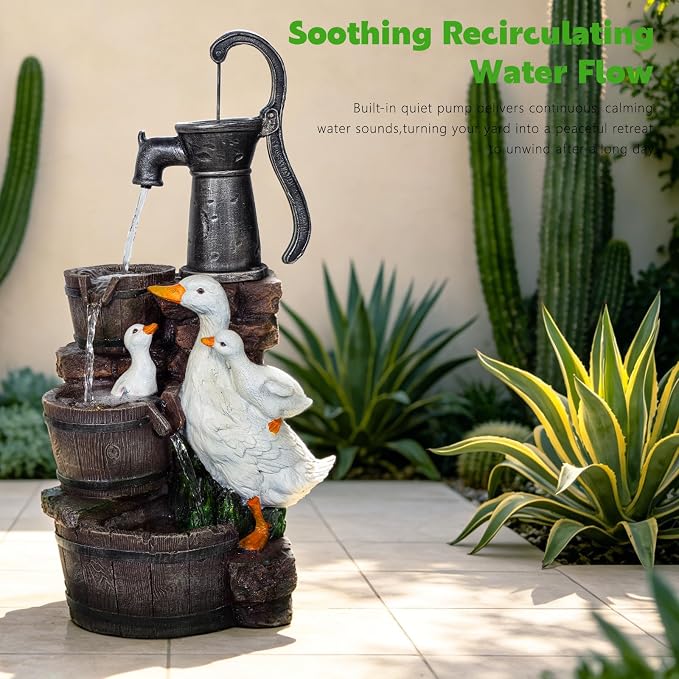 29.1" H Duck Outdoor Fountain with LED, Cascading Waterfall Garden Fountain, Freestanding Water Feature for Patio, Yard, Lawn, Deck and Home Decor