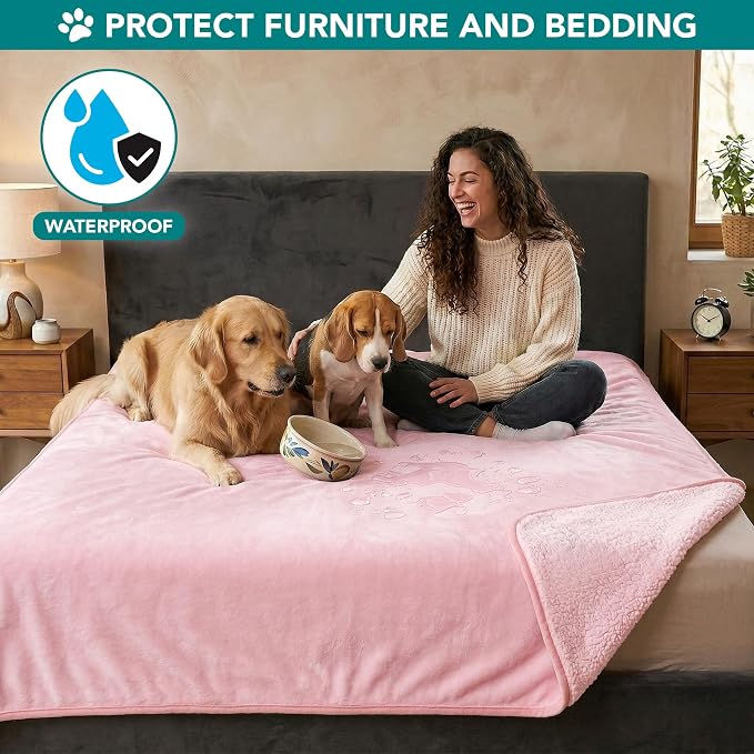 PetAmi Premium Waterproof Dog Blanket for Large Dogs, Reversible Sherpa & Flannel Fleece, Leakproof Pet Throw for Couch Protection, Soft Plush Furniture Protector for Cats, Washable, 60x80 Pink