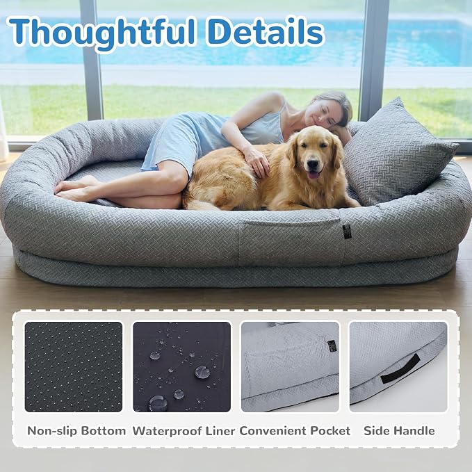 YAEM Cooling Human Dog Bed, 71"x45"x12" Breathable Human Size Dog Bed for Adults, Waterproof Giant Pet Beds with Washable Cover & Non-Skid Bottom, Glacier Grey