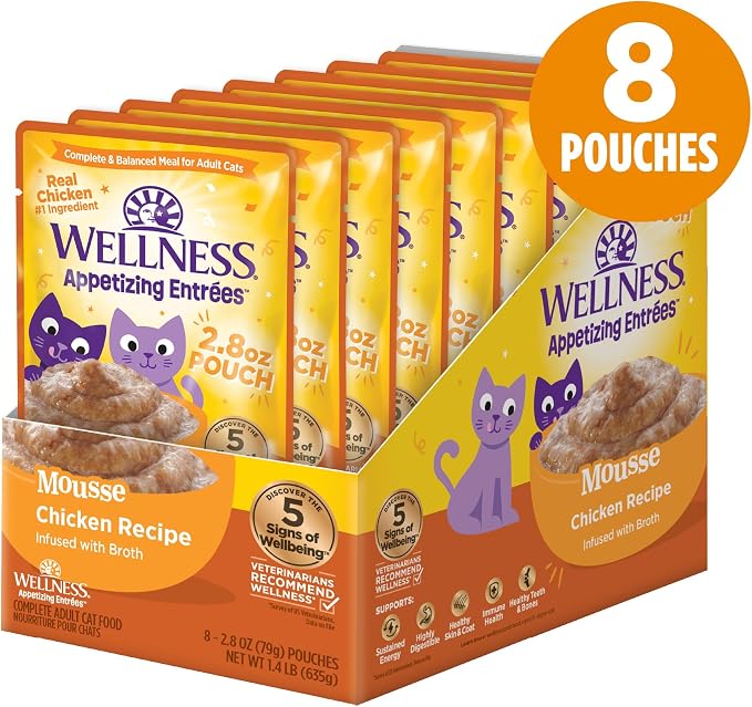 Wellness Appetizing Mousse Flaked Adult Wet Cat Food, Natural, Protein Rich, Grain Free, Chicken Recipe, 2.8 oz, Pack of 8 Pouches
