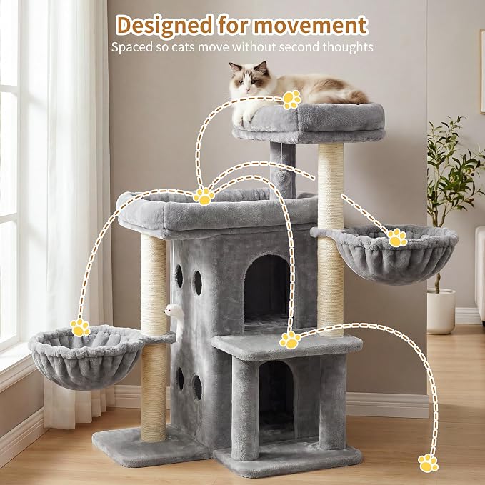 Heybly Cat Tree with Reinforced Big Base, 41.3-Inch Sturdy Cat Tower for Indoor Cats Featuring 2 Roomy Platforms, Double Cat Condo, 2 Cozy Baskets, Full Sisal Scratching Posts, Light Gray HCT075W