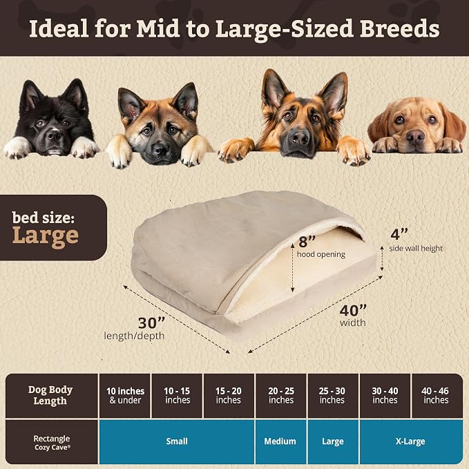 Snoozer Rectangle Cozy Cave Dog Bed - Indoor Dog Bed with Cover Cave, Covered Calming Burrow for Medium & Large Sized Pets with Blanket Attached, Enclosed, Washable Cover - Large, Buckskin