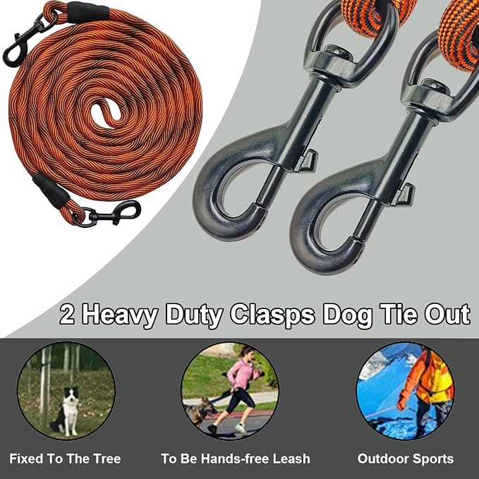 BTINESFUL Tie-Out Check Cord Long Rope Dog Leash, 8ft 12ft 20ft 30ft 50ft 75ft Dog Lead- Large Medium Dogs Tether for Yard Training, Playing, Camping, or Backyard (30ft, Orange Black)