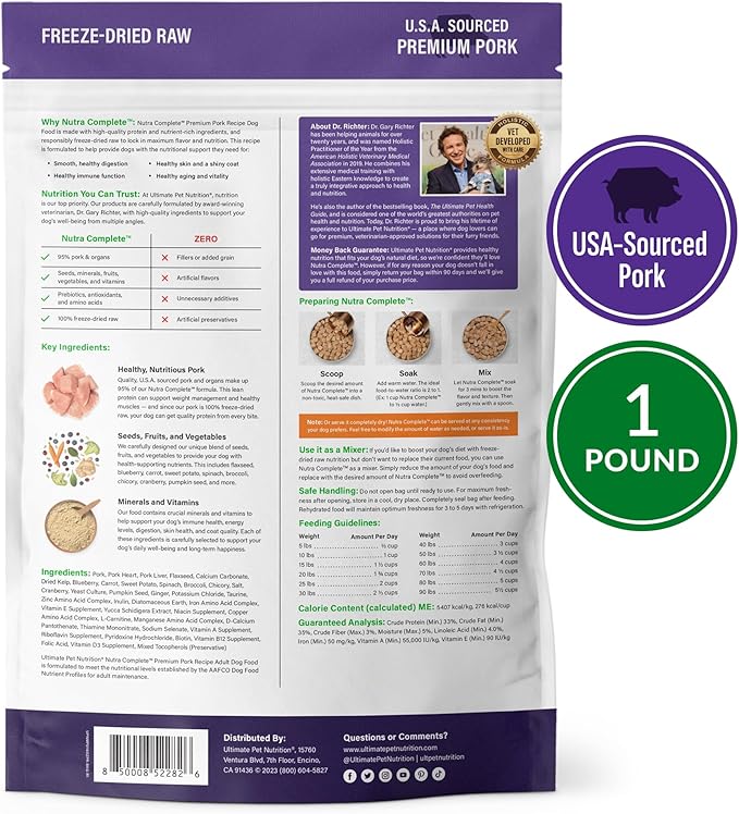 ULTIMATE PET NUTRITION Nutra Complete, 100% Freeze Dried Veterinarian Formulated Raw Dog Food with Antioxidants Prebiotics and Amino Acids, (1 Pound, Pork)