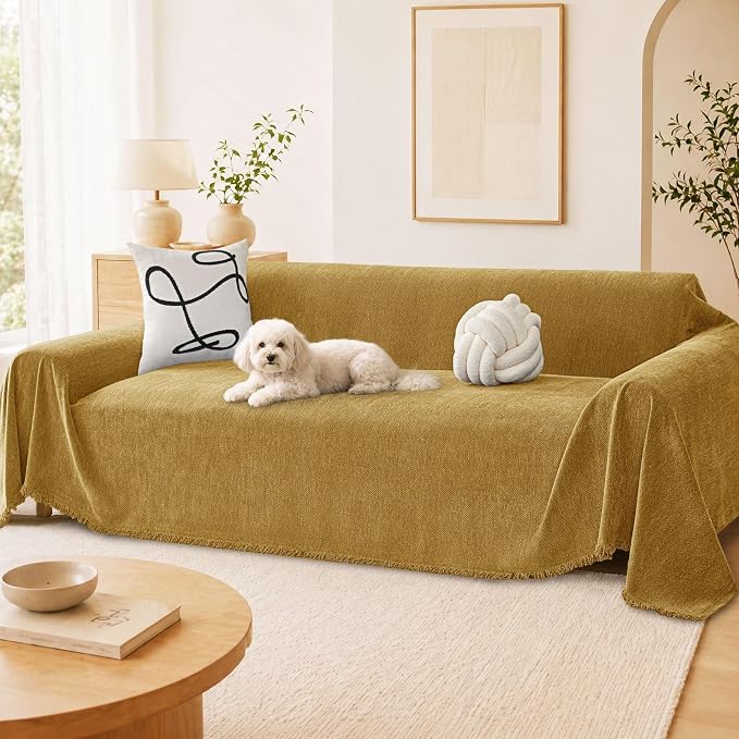 hyha Couch Cover for Dogs, Boho Sofa Covers for 3 Cushion Couch Washable, Chenille Sofa Slipcover for Pets, Soft Loveseat Sectional Couch Throw Blankets with Tassels (Yellow, 88.5x118 Inch)