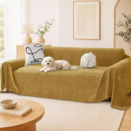 hyha Couch Cover for Dogs, Boho Sofa Covers for 3 Cushion Couch Washable, Chenille Sofa Slipcover for Pets, Soft Loveseat Sectional Couch Throw Blankets with Tassels (Yellow, 71x134 Inch)
