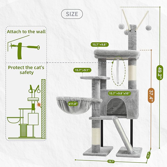 Gitelsnour Cat Tree for Indoor Cats, Cat Tower with Scratching Post for Small Cats and Kittens, Cat House with Removable Top Platform and Fluffy Balls, Hanging Cat Basket, Light Gray GCT006SW