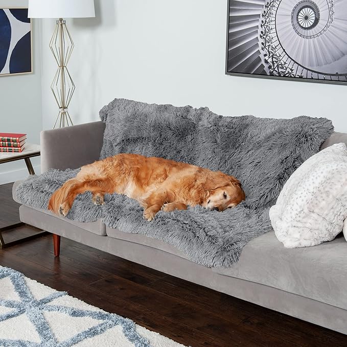 Furhaven Waterproof Throw Blanket for Dogs & Indoor Cats, Washable - Shaggy Plush Calming Long Faux Fur & Velvet Dog Blanket - Gray, XL