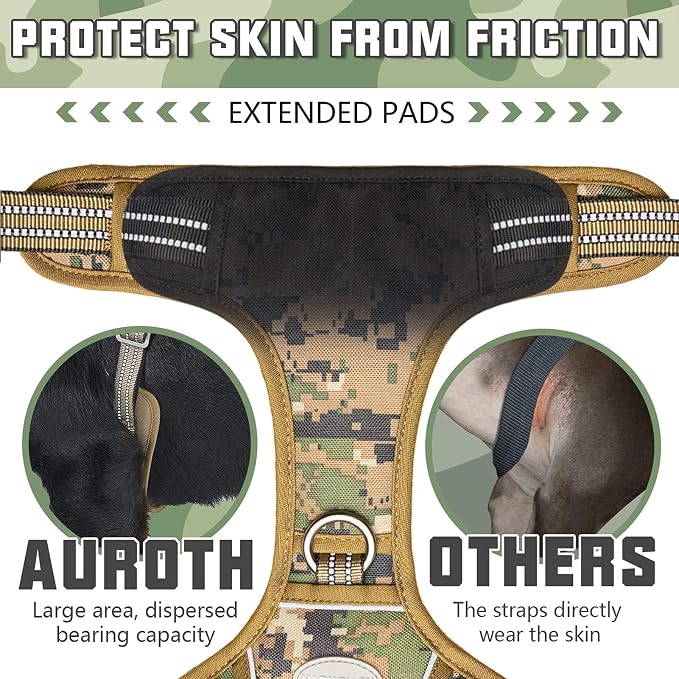 AUROTH Tactical Dog Harness for Large Dogs No Pull Adjustable Pet Harness Reflective Working Training Easy Control Pet Vest Military Service Dog Harnesses Woodland Camo XXL