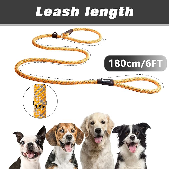 PetiFine Slip Lead, 6FT x 1/2" Reflective Heavy Duty Adjustable Nylon Dog Rope Leash for Small Medium Large Dogs (Orange)