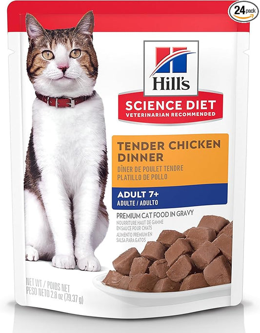 Hill's Science Diet Adult 7+ Wet Cat Food, Chicken Stew, 2.8 oz. Pouches, 24-Pack