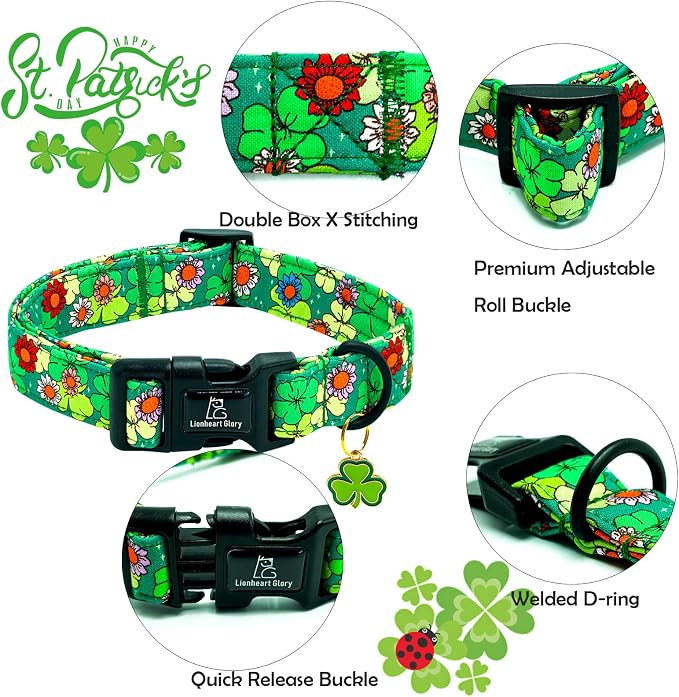 Lionheart glory St. Patrick's Dog Collar-Lucky Clover Shamrock Green Spring Trefoil Dog Collar for Small Dogs Adjustable Heavy-Duty Dogs Collars Pet Gift Female