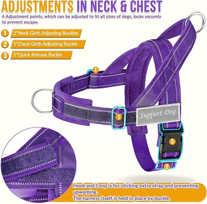 SlowTon No Pull Dog Harness - Heavy Duty Dog Harness and Leash Set for Medium Large Dogs, Reflective Tactical Harness with Soft Padded and Front Clip for Easy Walk and Training (Purple, XL)
