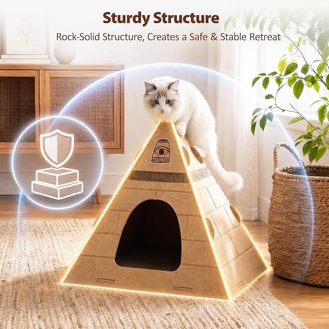 Cat House for Indoor Cats, Scratch-Resistant Cat Cave Bed, Felt Cat Scratch House Hideaway with Pharaoh Headdress, 17x17x20