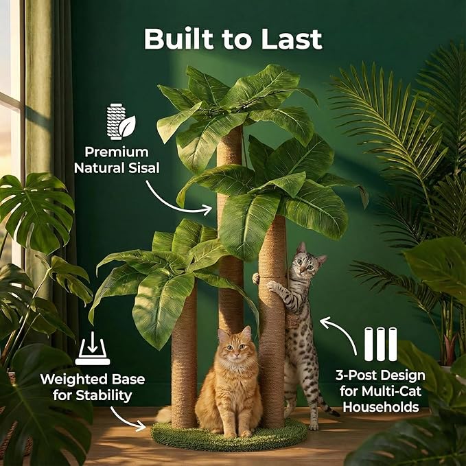 LEMONDA 31.5Inch Cat Scratching Post,Cat Scratcher Tree with 3 Scratching Poles & 2 Interactive Dangling Balls,Cats Scratching Posts for Indoor Kitten & Adult Cats