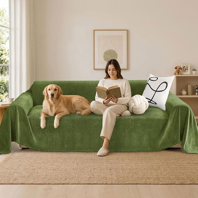hyha Couch Cover for Dogs, Boho Sofa Covers for 3 Cushion Couch Washable, Chenille Sofa Slipcover for Pets, Soft Loveseat Sectional Couch Throw Blankets with Tassels (Green, 88.5x150 Inch)