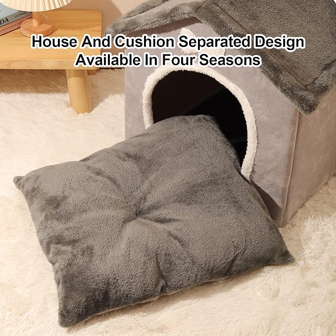 Cozy Plush Cave Bed Safe Haven for Small Pets - Foldable Kennel with Removable Washable Cover, Portable Indoor House with Sherpa Lining for Dogs Cats (Large)