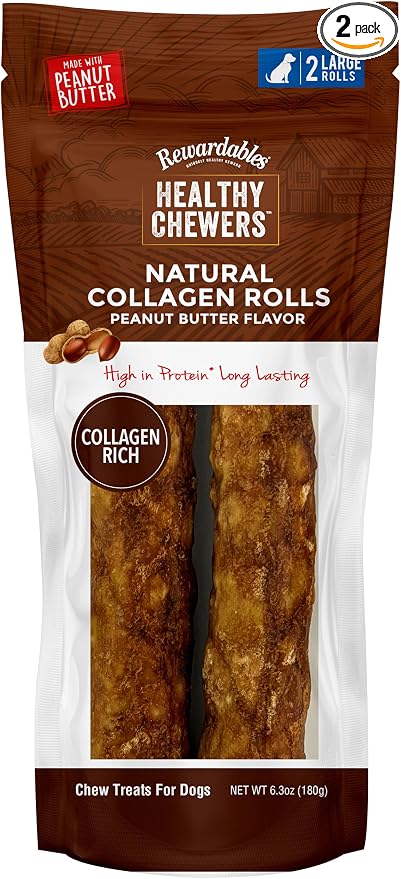 Rewardables Healthy Chewers Peanut Butter Collagen Rolls 2 Count for Large Dogs | High Protein, Long Lasting, Collagen Rich Chews