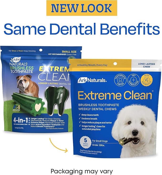 Ark Naturals Extreme Clean Brushless Toothpaste for Small Breeds, 12 oz Bag, Long-Lasting Dog Dental Chew with Toothpaste Center, Freshens Breath, Reduces Plaque & Tartar