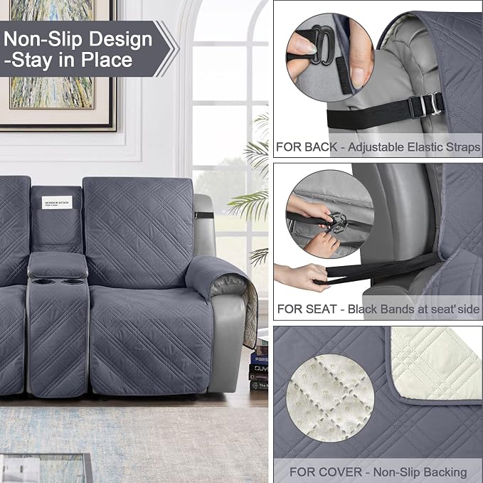 TAOCOCO Non Slip Recliner Sofa Covers for 3 Cushion Couch, Waterproof Reclining sofa cover for Leather Sofa with Console, Split Reclining Couch Cover Recliner Furniture Protector (3 Seater, Dark Grey)