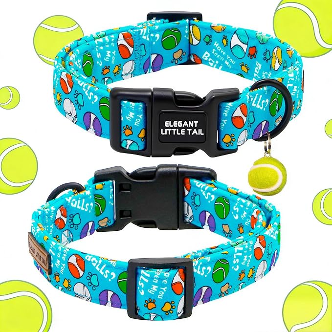 Elegant Little Tail Dog Collar, Cotton Tennis Pattern Soft Pet Collars with Pendant Male Sturdy Adjustable Pet Collar for Small Medium Large Dogs