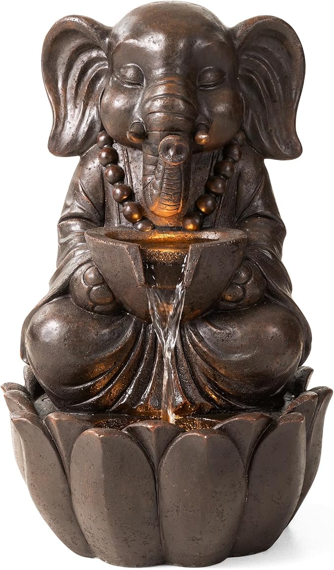 Glitzhome Outdoor Fountains, Water Fountains Outdoor with Lights&Pump, 21.75" H 2-Tiered Zen-Style Bronze Polyresin Elephant Garden Fountain Floor Standing Waterfall for Patio, Porch, or Yard Decor