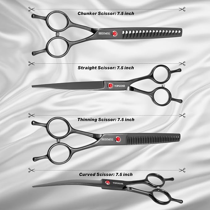 Dog Grooming Scissors Kit, Professional 6 in 1 Pet Scissors Sharp Shears Set - Straight, Thinning, Chunker, Curved Shears and Comb for Long Short Hair for Dog Cat (Set, Black)