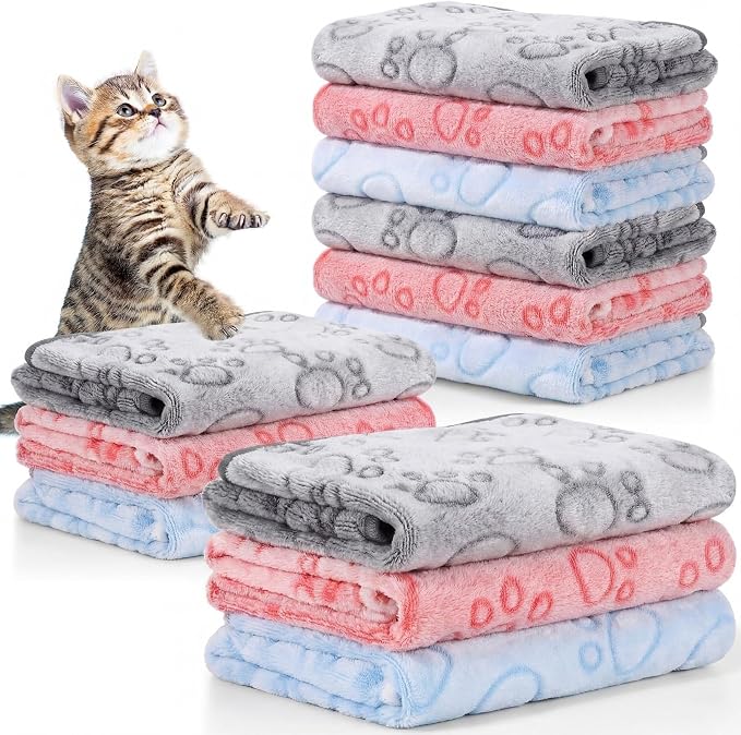 Tegeme 12 Pcs Pet Blankets 23 x 16 Inch Soft Fluffy Fleece Dog Cat Warm Paw Print Pattern Blankets Flannel Throw for Pets Dog Puppy Cat(Multicolor)