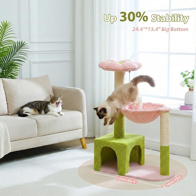 MUTTROS Flower Cat Tree with Large Metal Frame Hammock, 35" Cute Cat Tower with Sisal Scratching Posts for Small Indoor Cats, Cat Condo with Pink Top Perch for Kittens, Pink