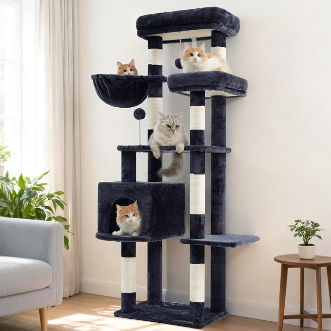 Gitelsnour Cat Tree for Indoor Cats, 55.1 inch Cat Tower with 7 Sisal Scratching Posts, Multi-level Cat Condo wit Large Play Platform Furry Ball, Cat Cave, 2 Padded Perches, Basket, Smoky Gray GCT013G