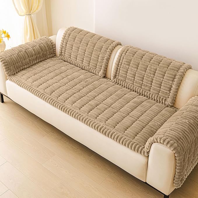 hyha Couch Cover for Dogs Washable, Non Slip Thick Flannel Sofa Protector, Pet Friendly Plush Furniture Cover for Sectional Sofa & Loveseat (Khaki, 35.4" x 88")
