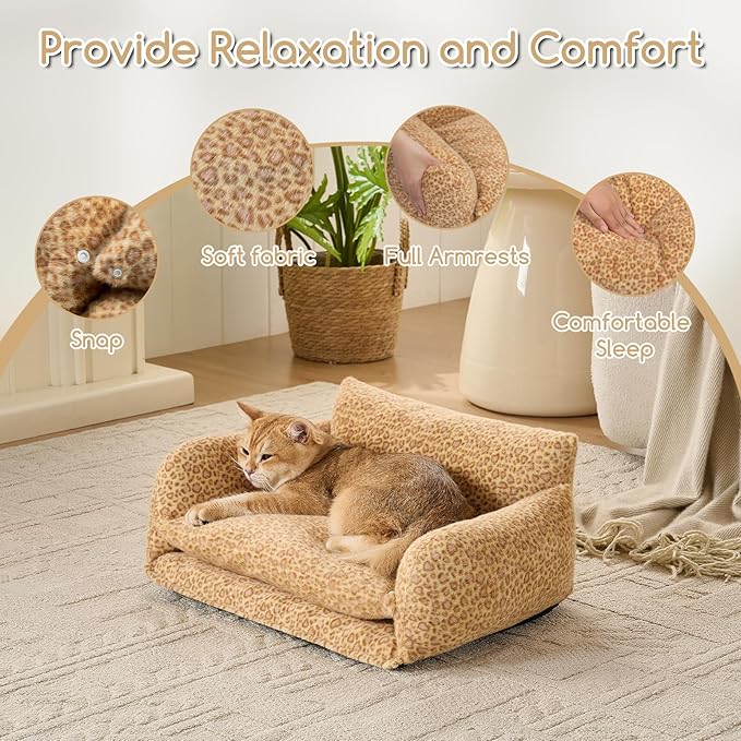Hollypet Cat Bed Fluffy Plush Multifunctional Double-Layer Machine Washable Soft Warming Kitty Pet Couch Orthopedic Nest Beds for Small Cats Kitten and Dogs up to 13lbs, Yellow Leopard(21x15x8 inch)