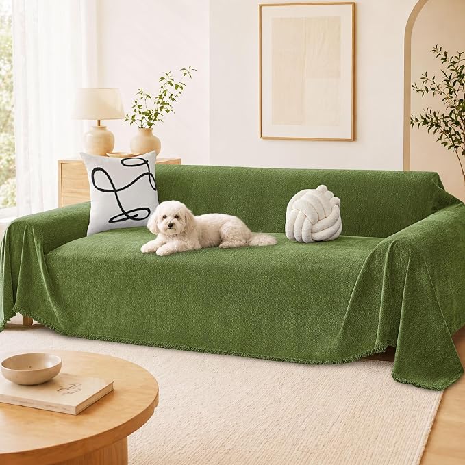 hyha Couch Cover for Dogs, Boho Sofa Covers for 3 Cushion Couch Washable, Chenille Sofa Slipcover for Pets, Soft Loveseat Sectional Couch Throw Blankets with Tassels (Green, 71x102 Inch)