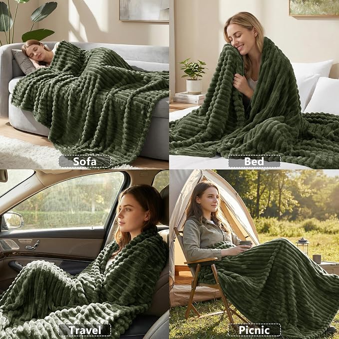 HIMEET Fleece Olive Green Twin Blanket for Bed - 300GSM Ribbed Guest Room Blanket, Graduation Birthday Gifts for Women Girls Her, College Dorm Essentials Aesthetic Porch Decor Throws, 60x80 Inches