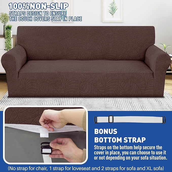 YEMYHOM Couch Cover Latest Jacquard Design High Stretch Sofa Covers for 2 Cushion Couch, Pet Dog Cat Proof Loveseat Slipcover Non Slip Elastic Furniture Protector (Medium, Begonia Leaf Coffee)