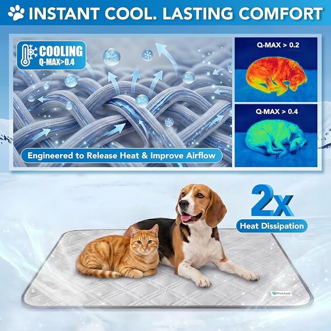 PetAmi Dog Cooling Mat, Waterproof Self Cooling Dog Pad with Non-Slip Backing, Q-Max >4.0 Pet Cooling Mat for Crate, Couch, Kennel & Car, Indoor Outdoor Summer Use, Light Grey, 29x40