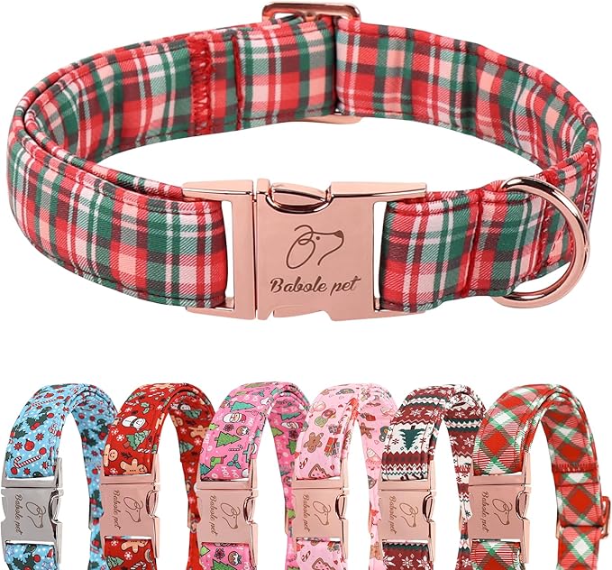 Christmas Plaid Dog Collar for Small Dogs - Green & Rose Tartan Christmas Collars for Dogs, Sweet Festive Winter Heavy-Duty Adjustable Dog Collars with Metal Buckle S